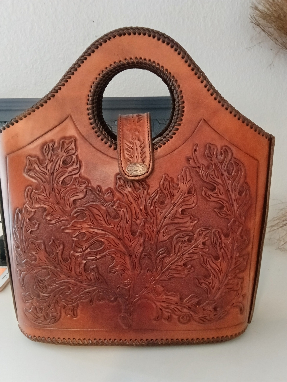 Hand-Tooled Brown Leather Tote Bag with Handled Top